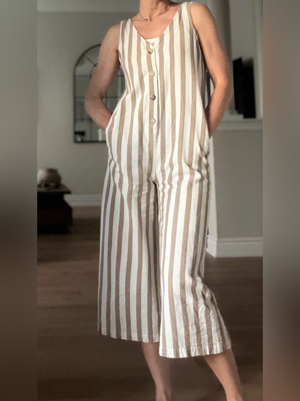 2/$30 XS/S Jumpsuit OVERALLS wide leg Striped 100% Cotton Cropped romper